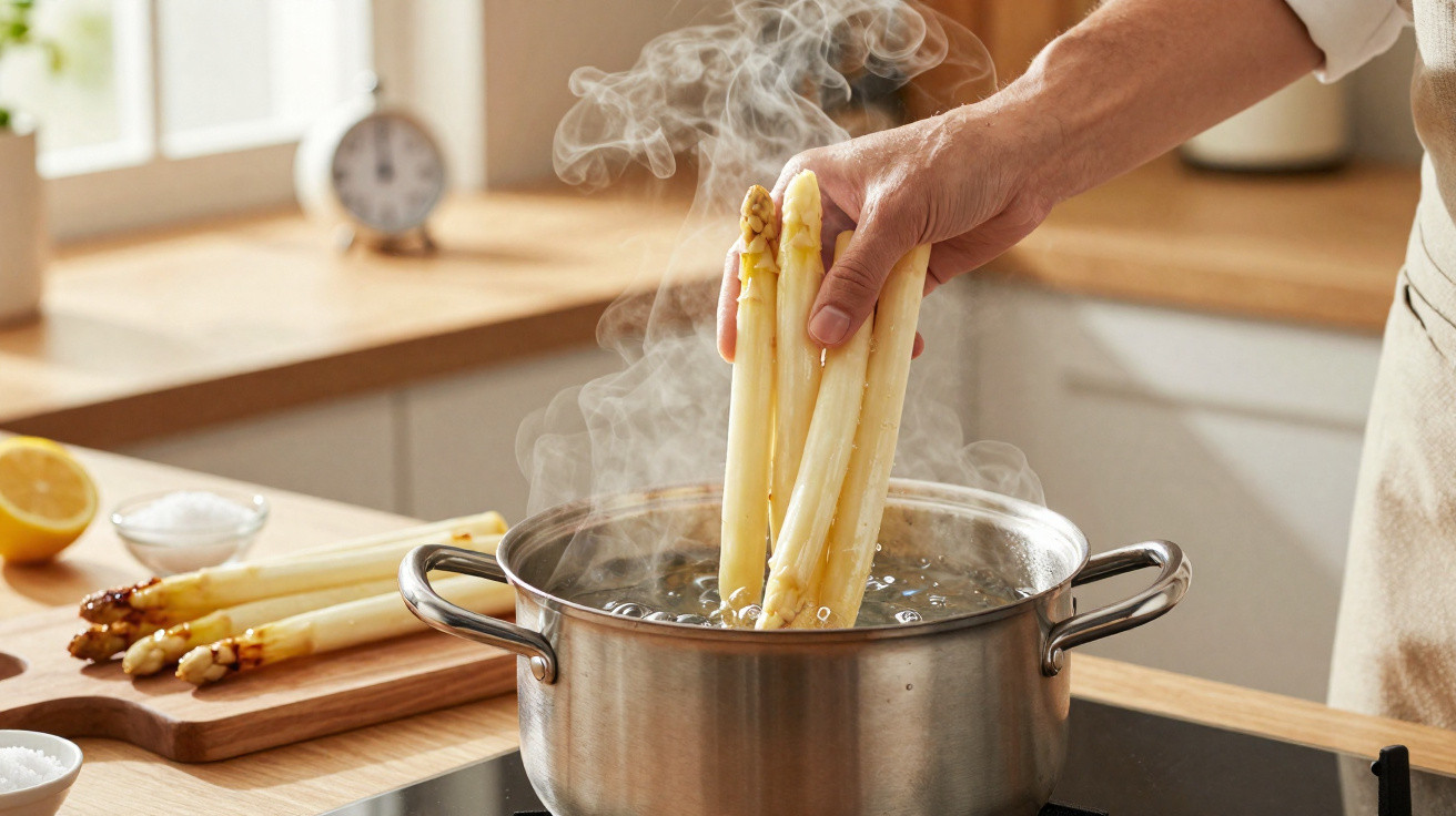 Pessoa a cozer espargos brancos numa panela com água a ferver numa cozinha moderna.