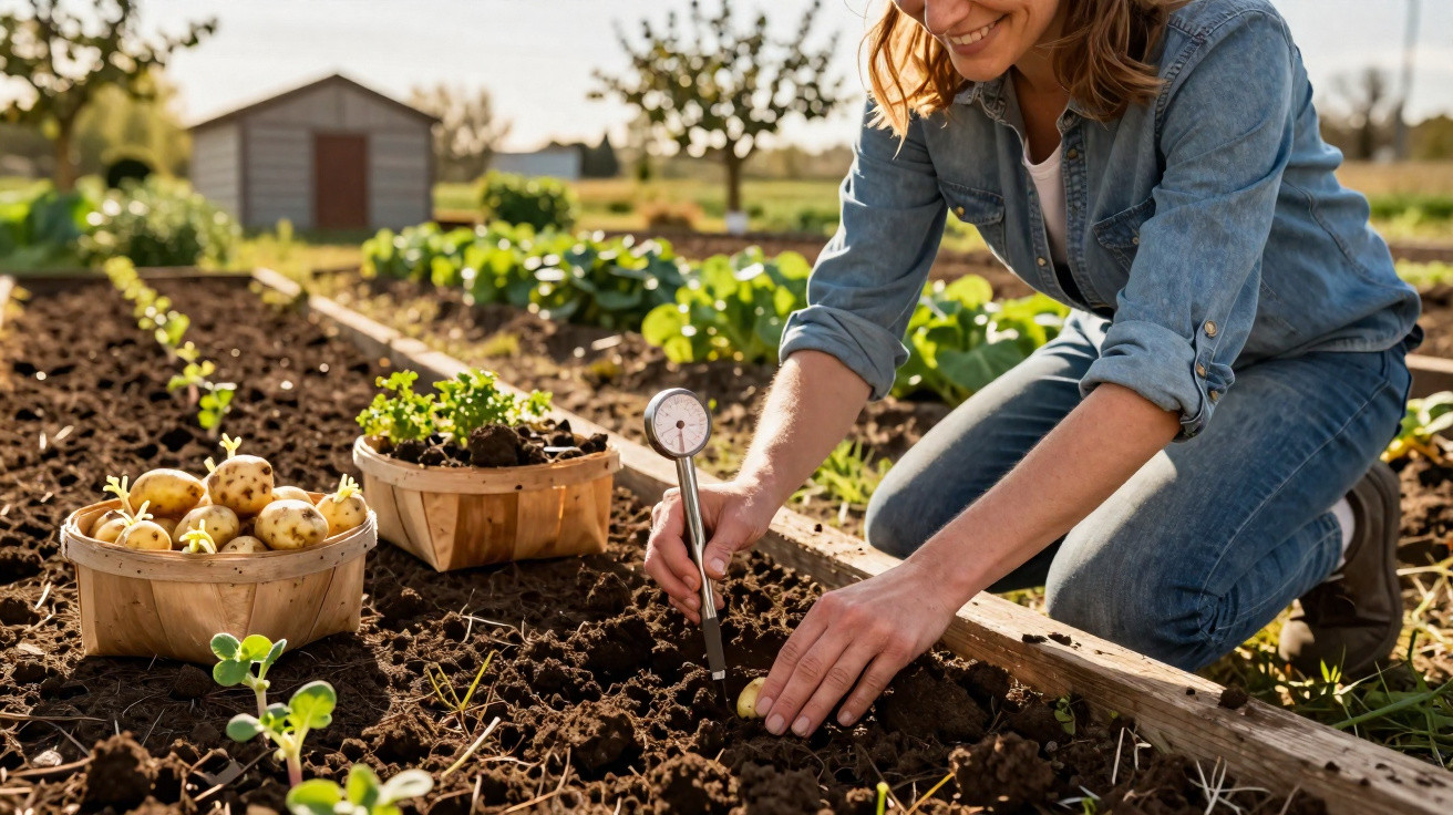 Mulher a medir a humidade do solo num jardim com batatas recém-plantadas em cestos.