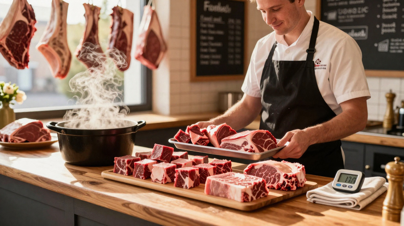 Talhante a preparar diversos cortes de carne vermelha numa bancada de madeira com panelas e termómetro.