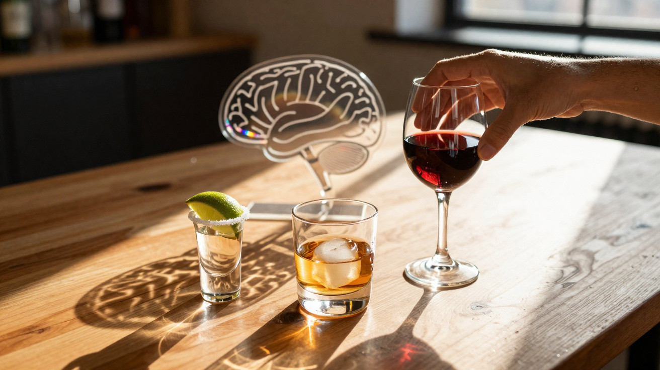 Várias bebidas alcoólicas num balcão de madeira com mão a segurar copo de vinho tinto e cérebro decorativo ao fundo.