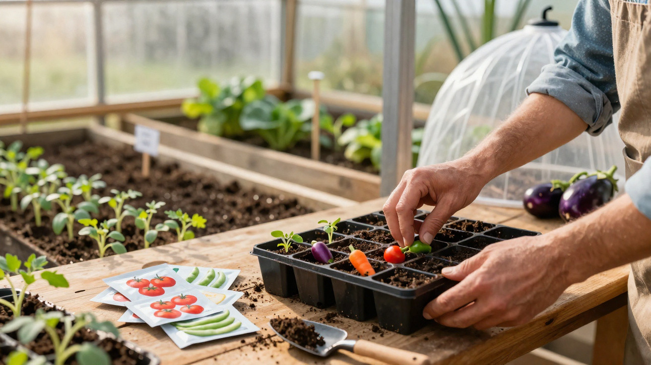 Pessoa a plantar pequenas mudas de legumes numa estufa, com pacotes de sementes e ferramenta junto.