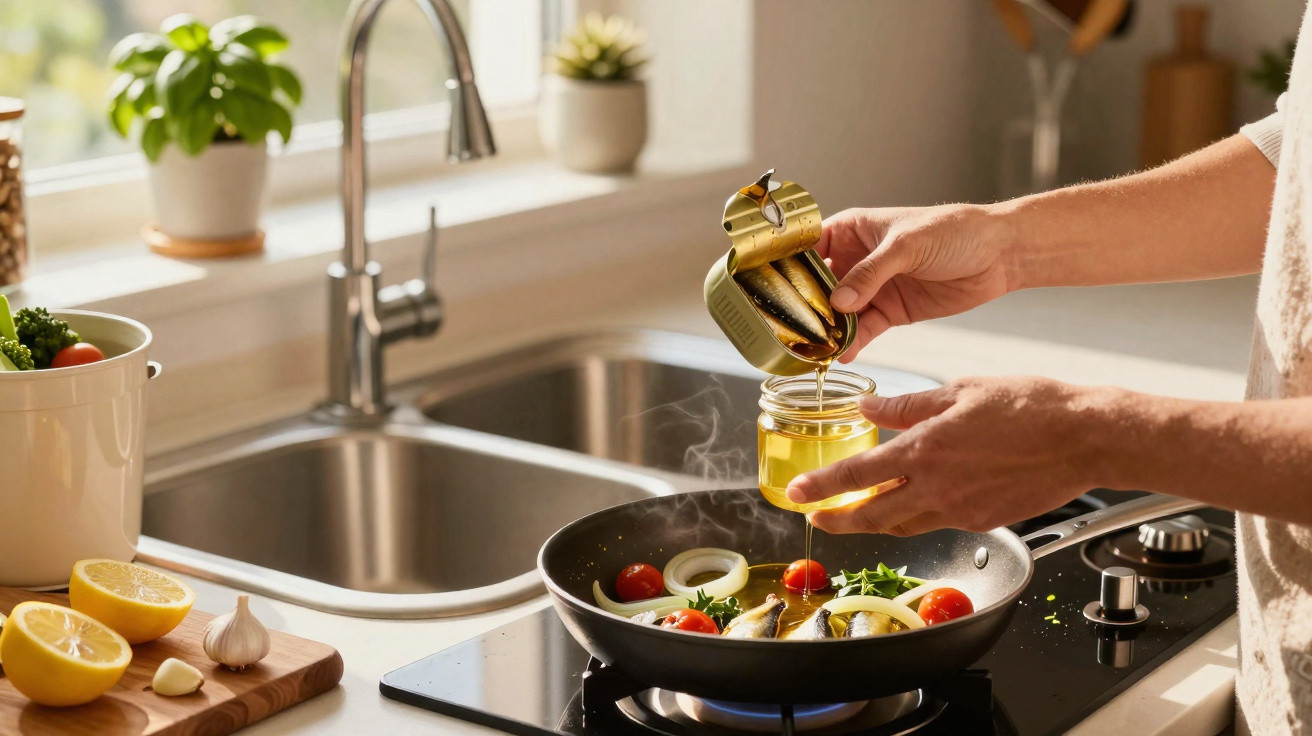Mãos a verter óleo da lata de sardinhas numa frigideira com legumes e sardinhas numa cozinha luminosa.