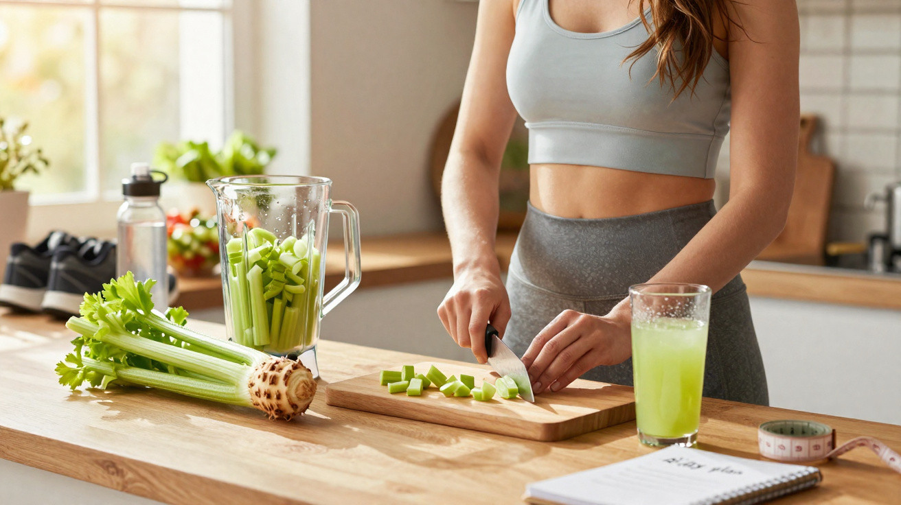 Pessoa a cortar aipo numa tábua na cozinha, com copo de sumo verde e liquidificador ao lado.