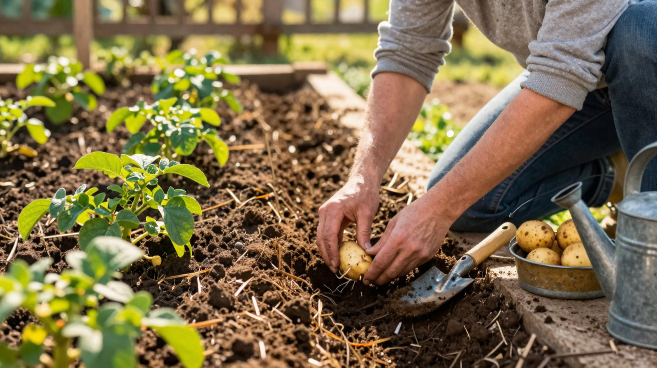Pessoa a colher batatas num terreno de cultivo com plantas verdes ao redor e regador ao lado.