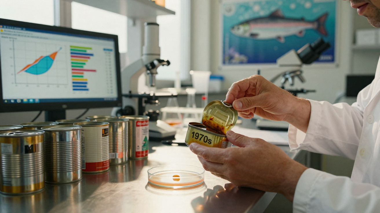 Cientista num laboratório a abrir uma lata marcada com "1970s" rodeado de latas e microscópios.