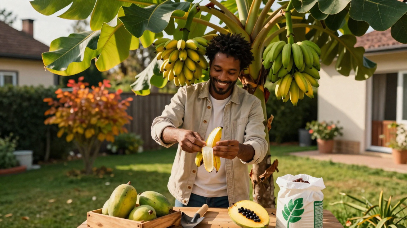 Homem a descascar banana em mesa de jardim com bananeira carregada ao fundo.