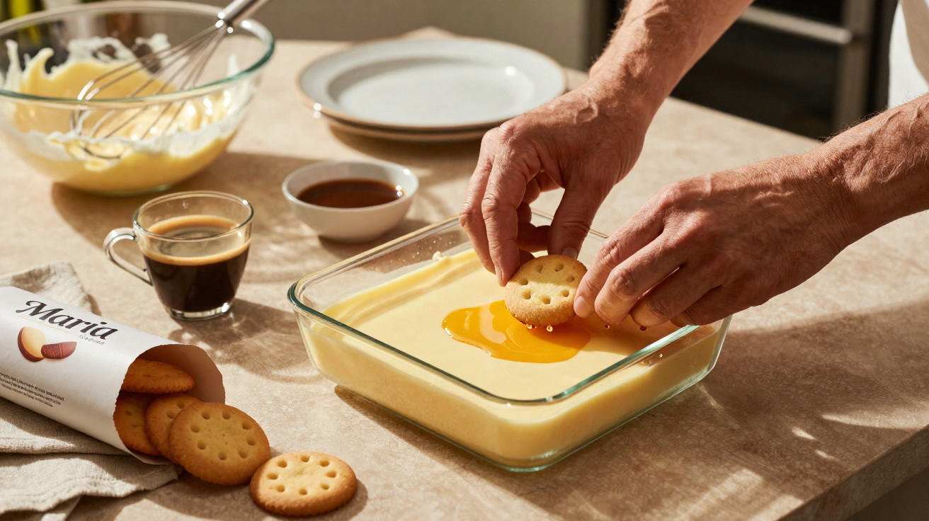 Mãos mergulhando bolacha Maria em creme amarelo numa travessa, com café e utensílios na mesa.