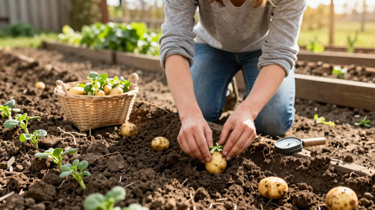 Pessoa a plantar batata com plantas em crescimento e cesto cheio no jardim ao pôr do sol.