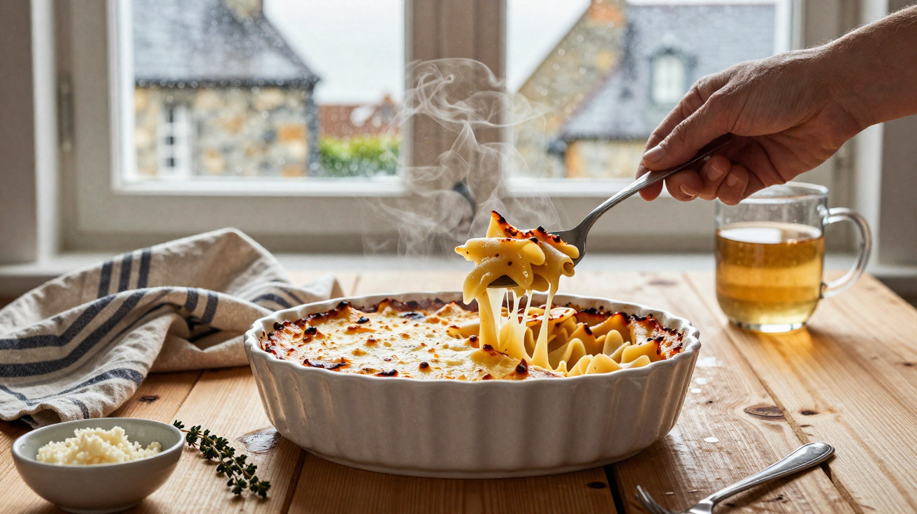 Mão a servir massa gratinada fumegante numa travessa branca sobre mesa de madeira junto a janela.