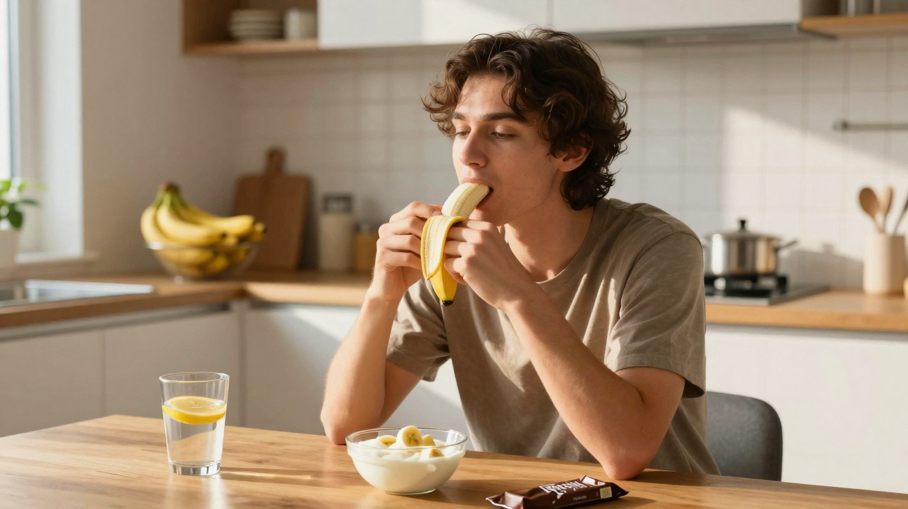 Jovem sentado à mesa numa cozinha, comendo uma banana e com taça de iogurte e copo de água à sua frente.