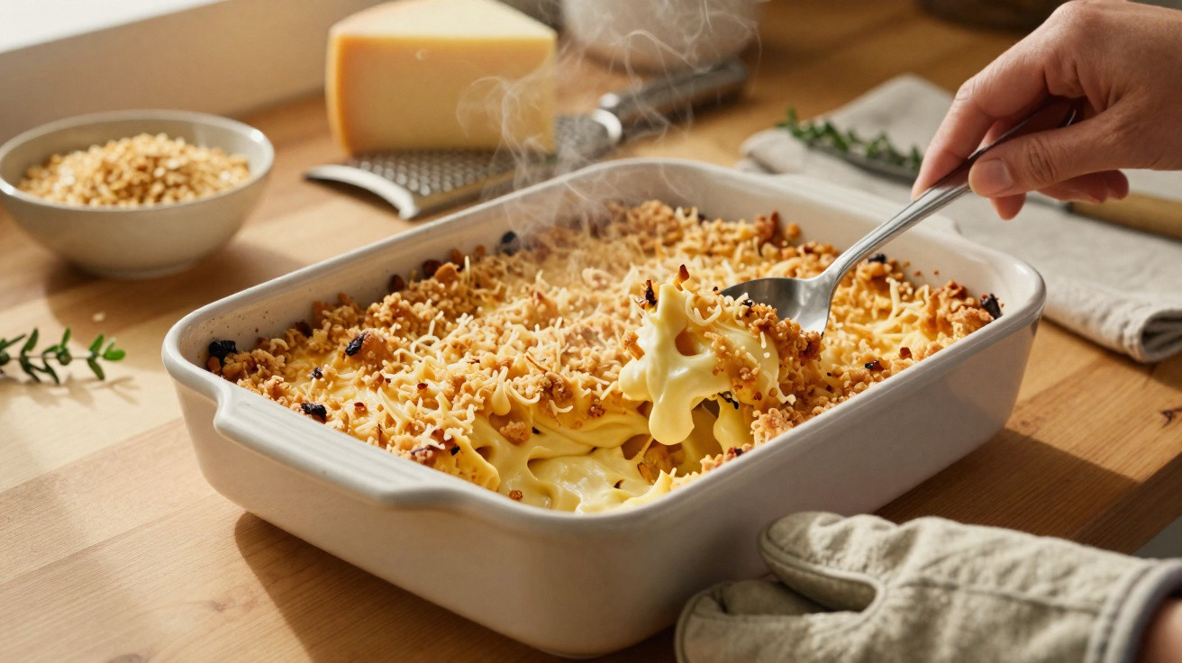 Mão a servir massa gratinada com queijo derretido e crosta dourada num tabuleiro branco.