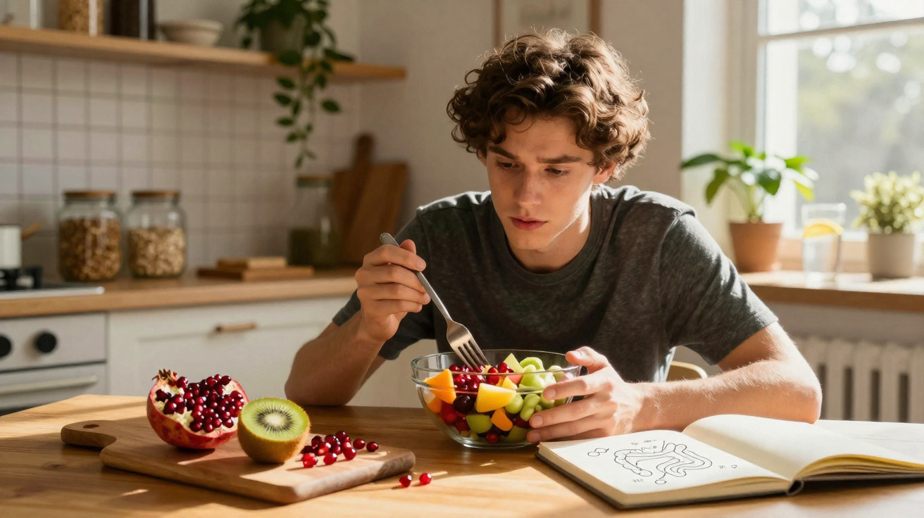 Rapaz a comer salada de frutas à mesa de cozinha luminosa, com livro aberto ao lado.