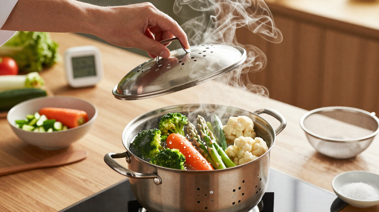 Mão a levantar tampa de panela com legumes a vapor: brócolos, espargos, cenoura e couve-flor.