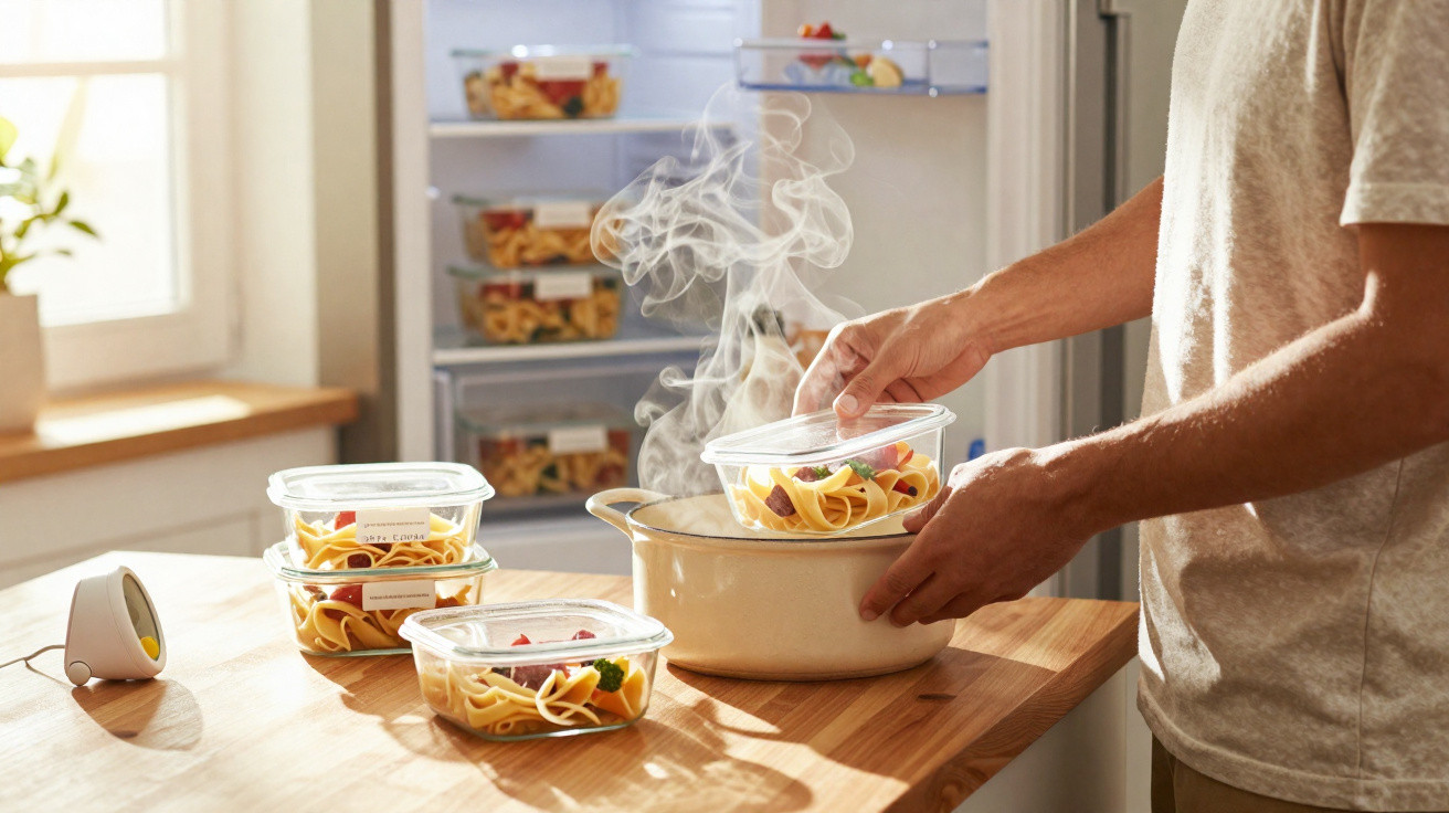 Pessoa a colocar comida quente em recipiente plástico numa cozinha iluminada perto de um frigorífico aberto.