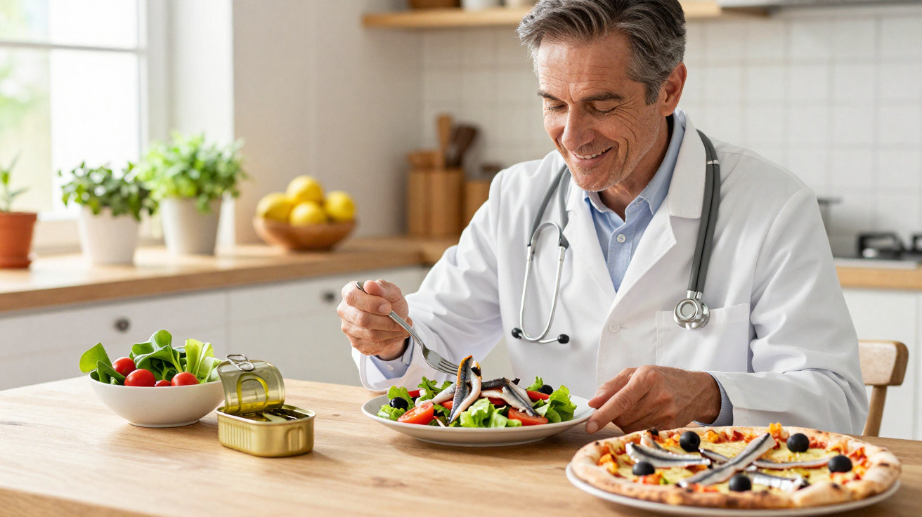 Médico com bata branca a comer salada com sardinhas numa cozinha luminosa e moderna.