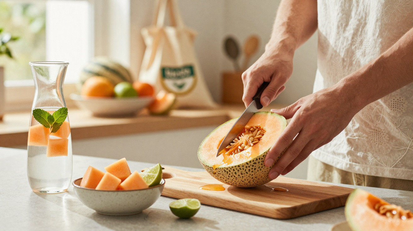 Pessoa a cortar um melão cantalupo com uma faca numa cozinha luminosa e moderna.