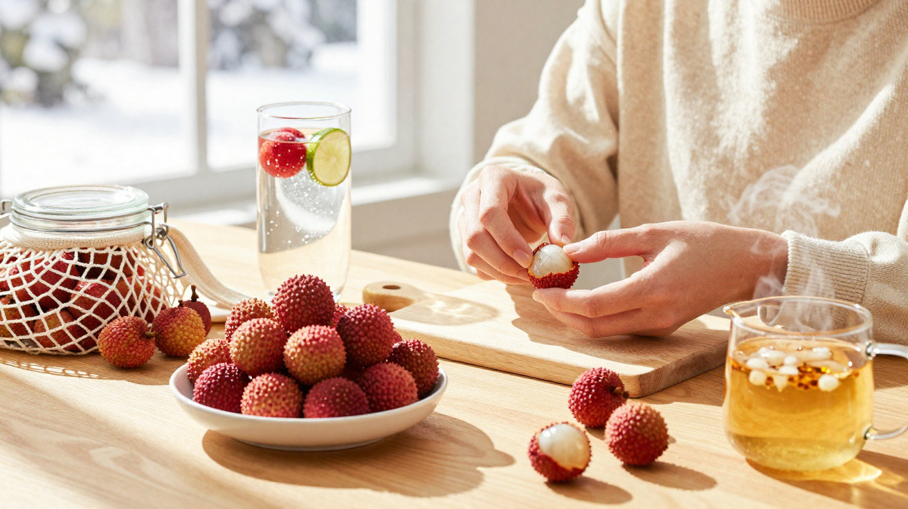 Pessoa a descascar lichias numa mesa com frutos, chá e bebida com lima numa sala iluminada pelo sol.