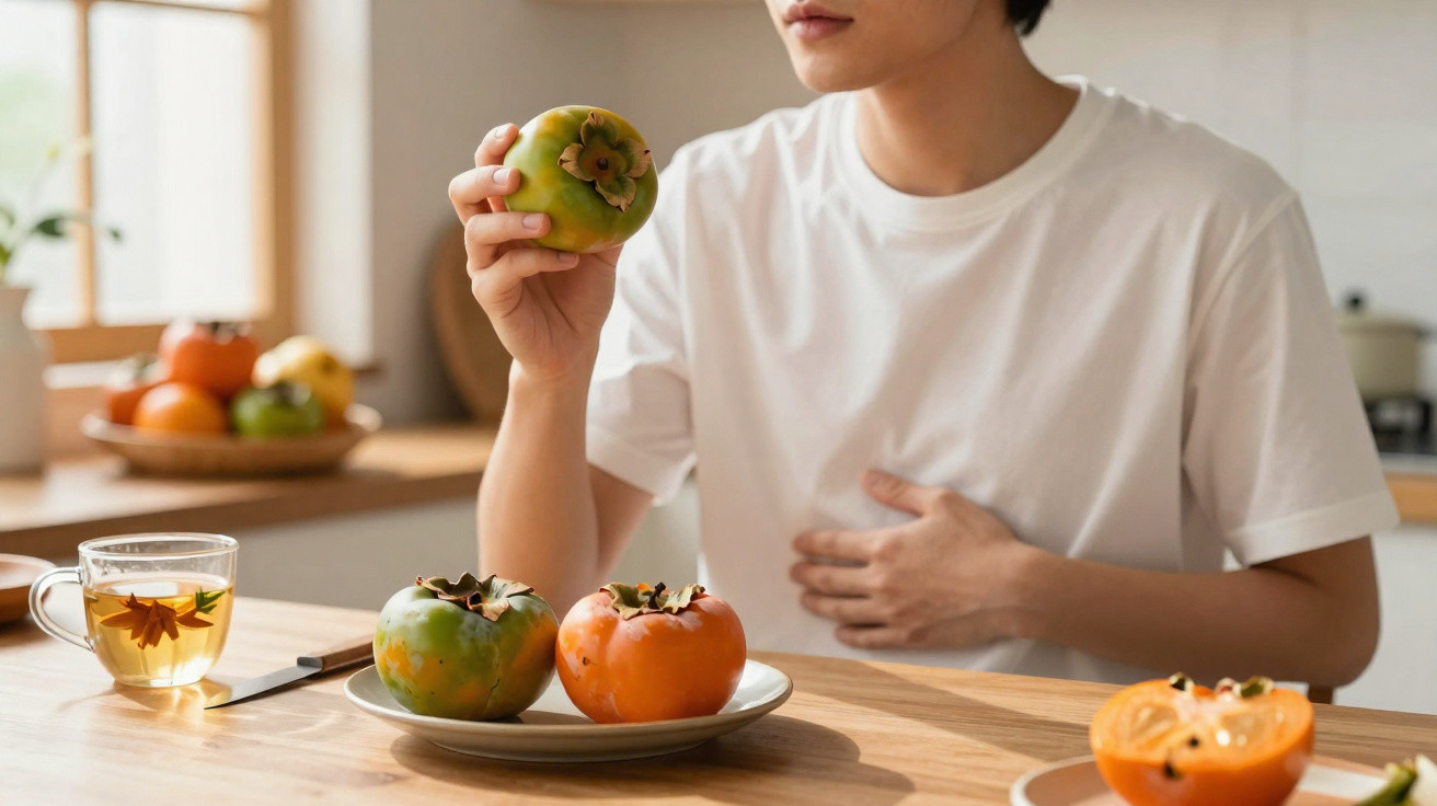 Pessoa de camisa branca segura caqui verde com mão esquerda na cozinha com chá e frutas na mesa.