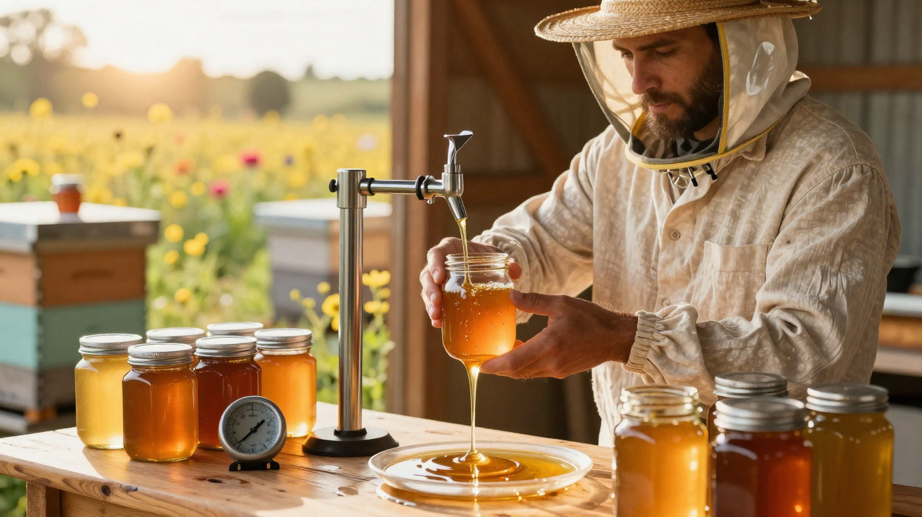 Apicultor a encher frasco com mel dourado num ambiente rural, rodeado por frascos e colmeias ao fundo.