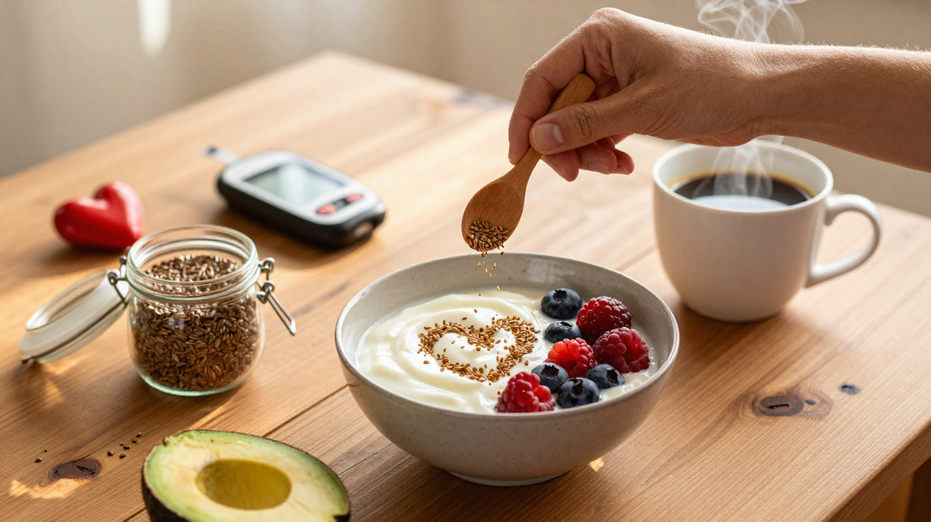 Pessoa polvilha sementes sobre iogurte com frutas numa tigela, com abacate, café e medidor num ambiente caseiro.