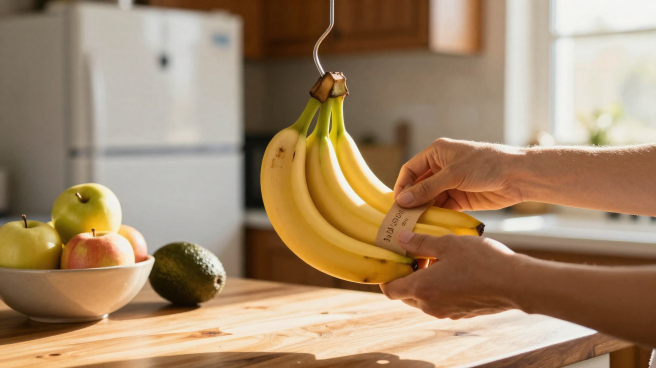 Pessoa a segurar um cacho de bananas num gancho numa cozinha com fruta numa taça e um abacate na bancada.