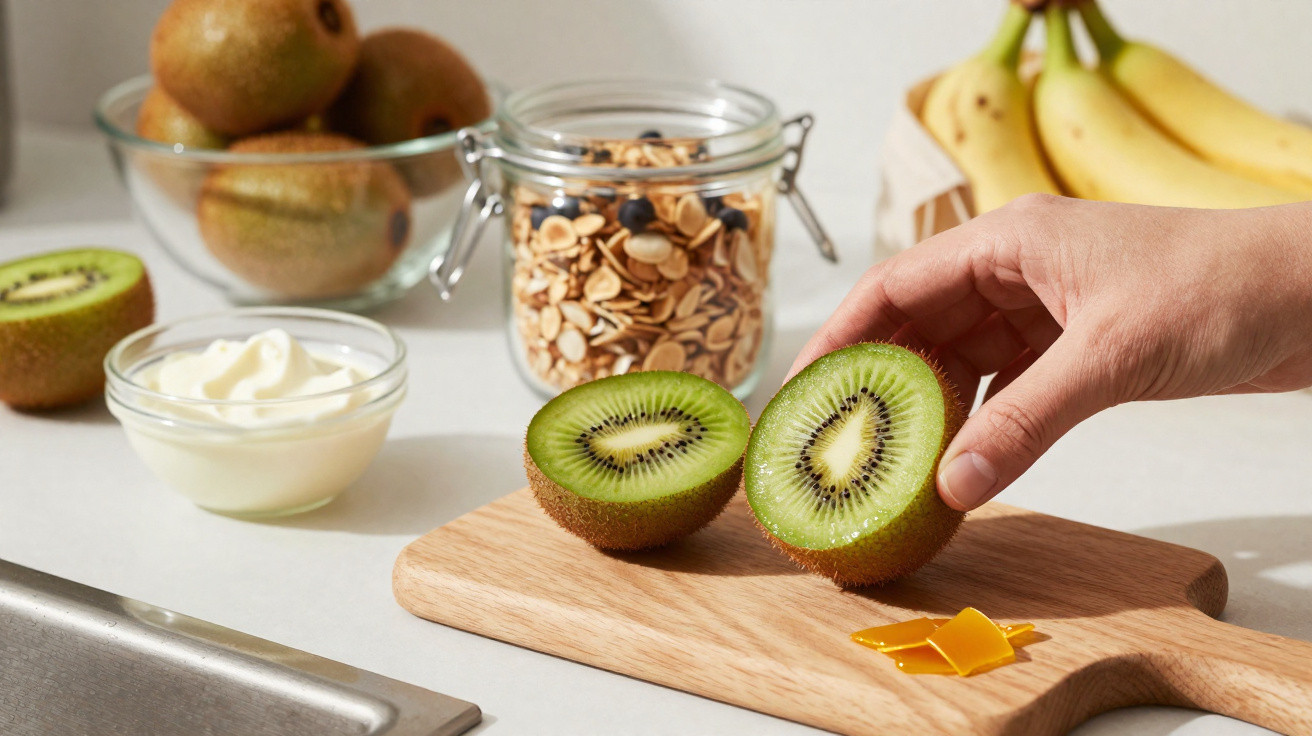 Mão a segurar metade de um kiwi cortado com outros kiwis, iogurte, granola e bananas em fundo branco.