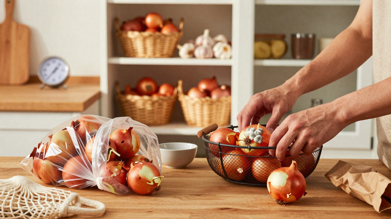 Mãos a organizar cebolas em cesta metálica numa cozinha com mais cebolas em sacos e cestos ao fundo.