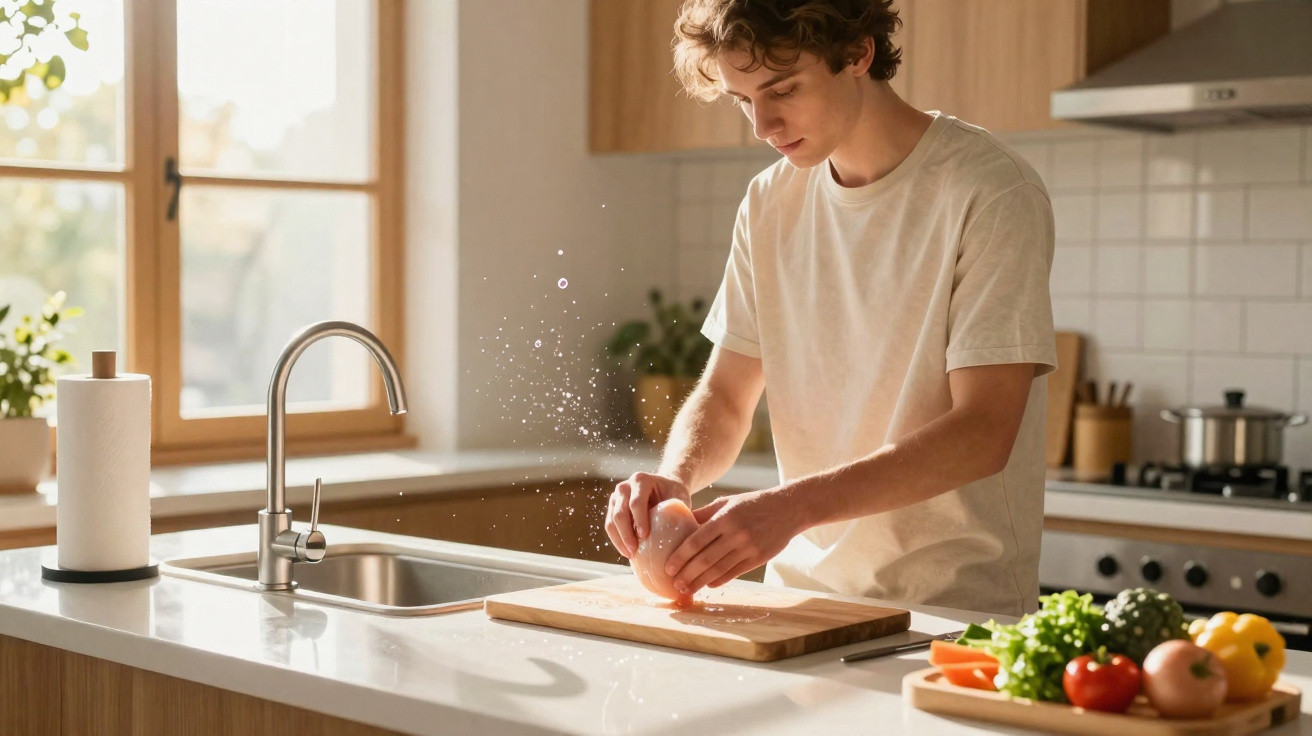 Jovem a espremer sumo de um limão numa cozinha luminosa com utensílios e legumes frescos na bancada.