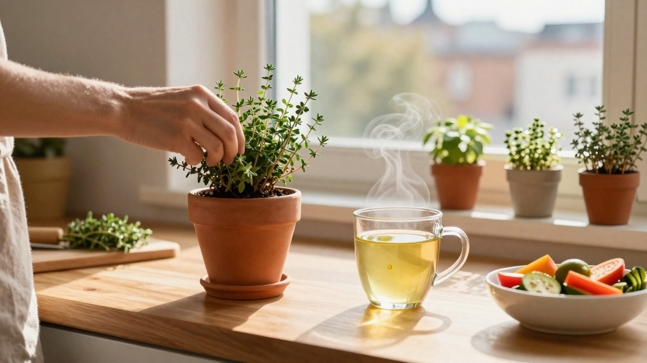 Pessoa a apanhar erva aromática num vaso junto a chá quente e salada fresca numa cozinha iluminada.