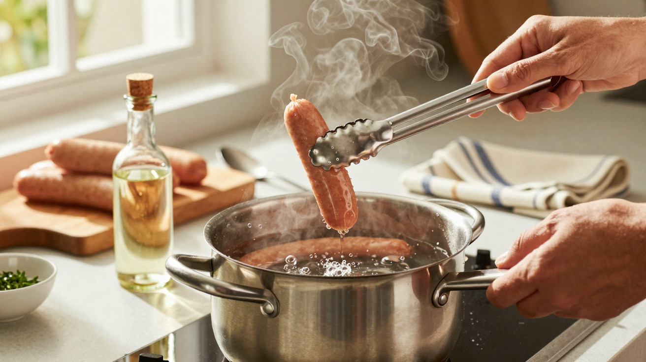 Pessoa a cozinhar salsichas em água a ferver numa panela de inox na cozinha com luz natural.