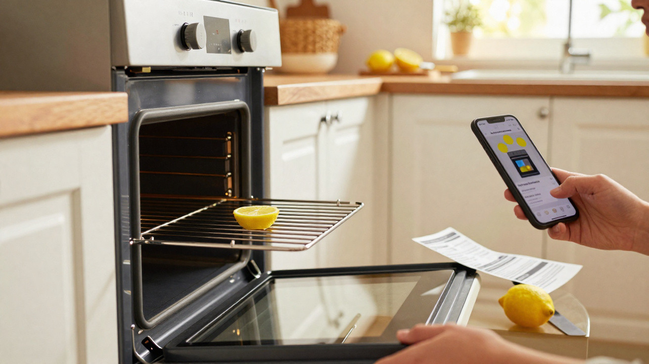 Forno aberto na cozinha com metade de um limão numa grelha e pessoa a consultar receita no telemóvel.