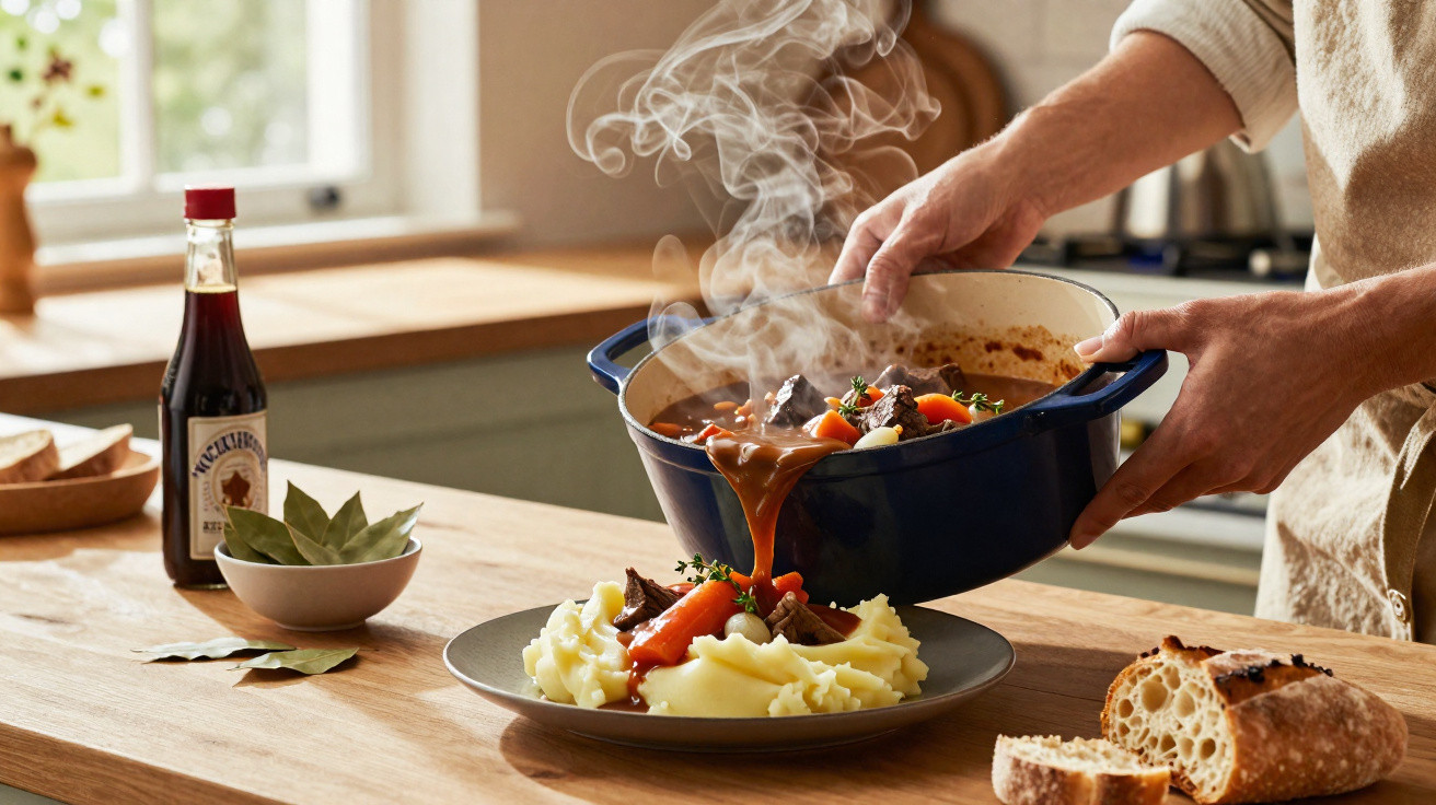 Pessoa a servir ensopado de carne e legumes sobre puré de batata, com pão e molho na cozinha.