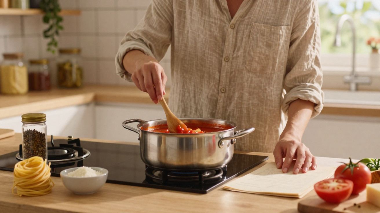 Pessoa a cozinhar molho de tomate num tacho na cozinha, com ingredientes e receita à frente sobre a bancada.