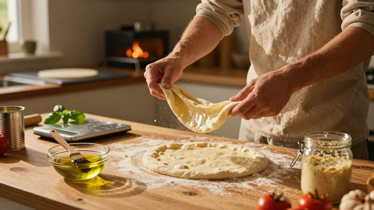 Pessoa esticando massa de pizza numa cozinha com ingredientes e utensílios ao redor.
