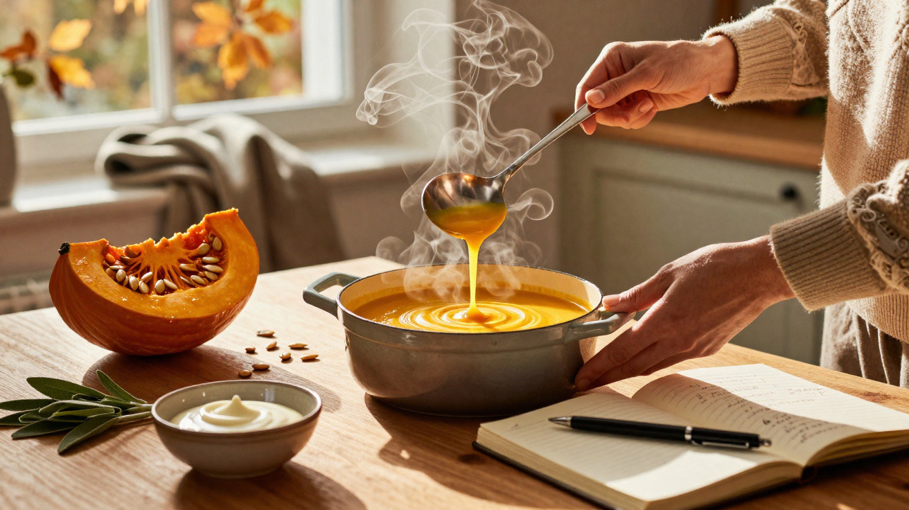 Pessoa a servir sopa quente de abóbora numa panela, com livro aberto e ingredientes na mesa de madeira.