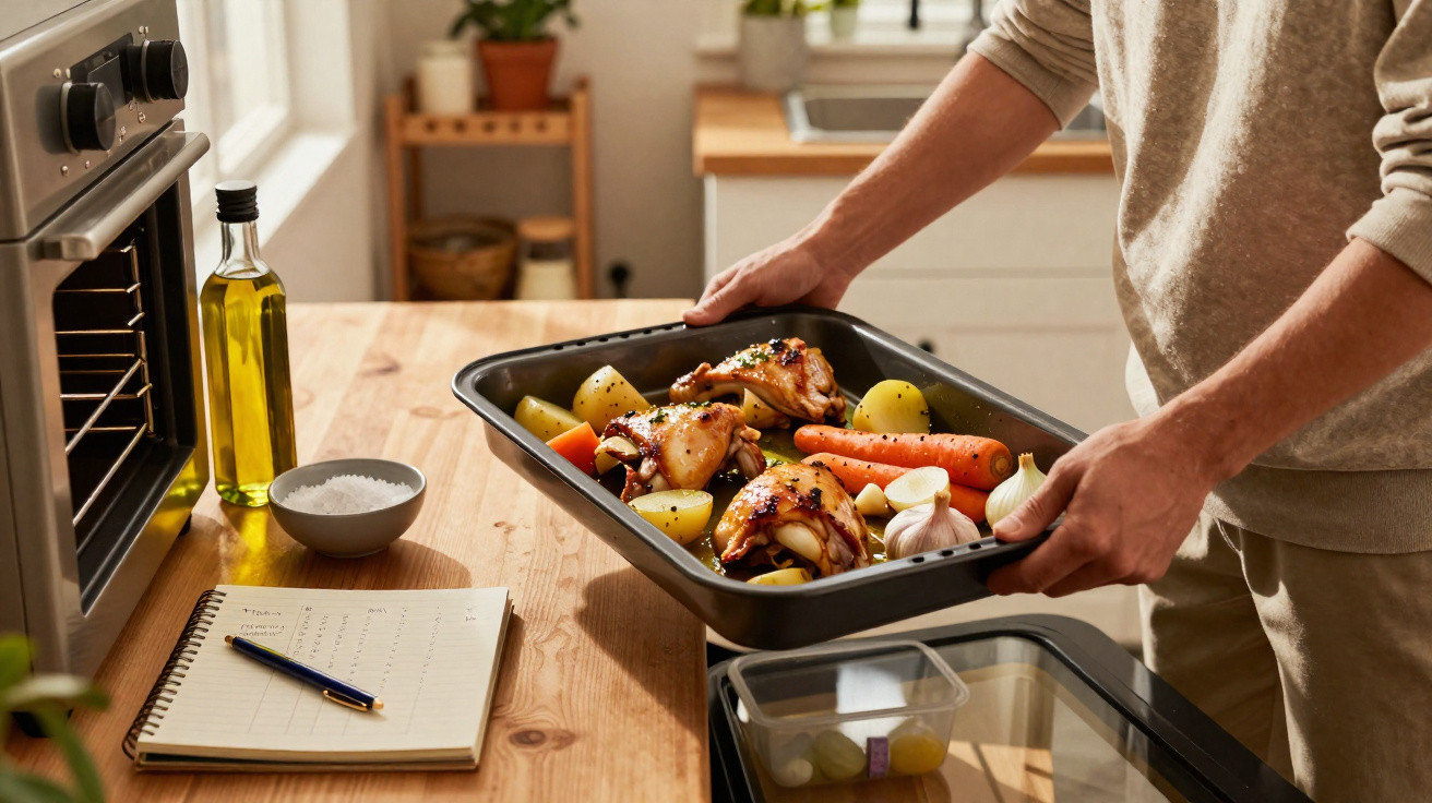 Pessoa a colocar frango com legumes num tabuleiro no forno numa cozinha moderna.
