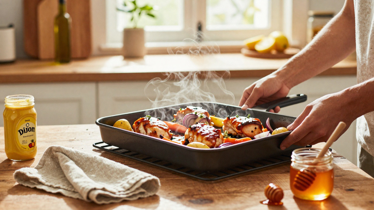 Pessoa a retirar assado de frango com legumes e batatas do forno numa cozinha iluminada natural.