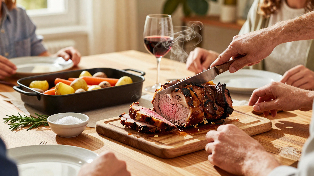 Pessoa a cortar carne assada suculenta numa tábua, com legumes e copo de vinho numa mesa de madeira.