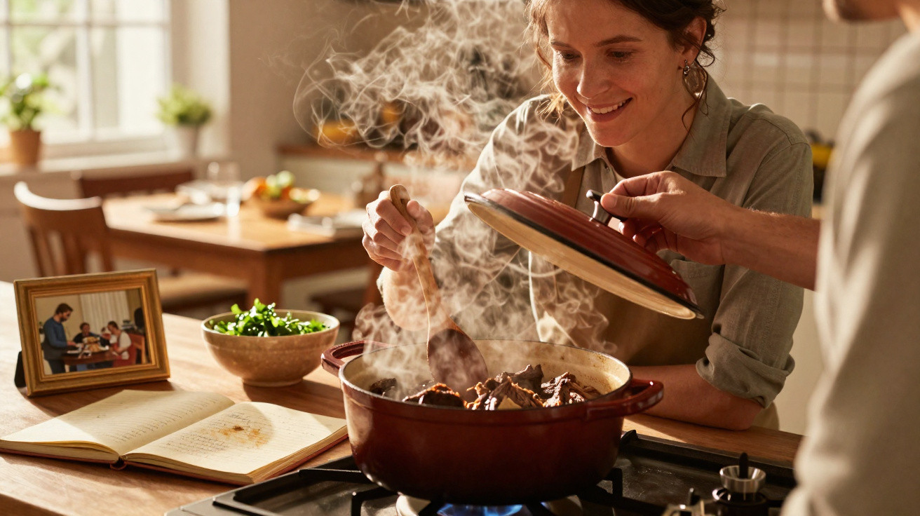 Mulher a cozinhar feliz, mexendo panela fumegante enquanto outra pessoa levanta a tampa na cozinha.