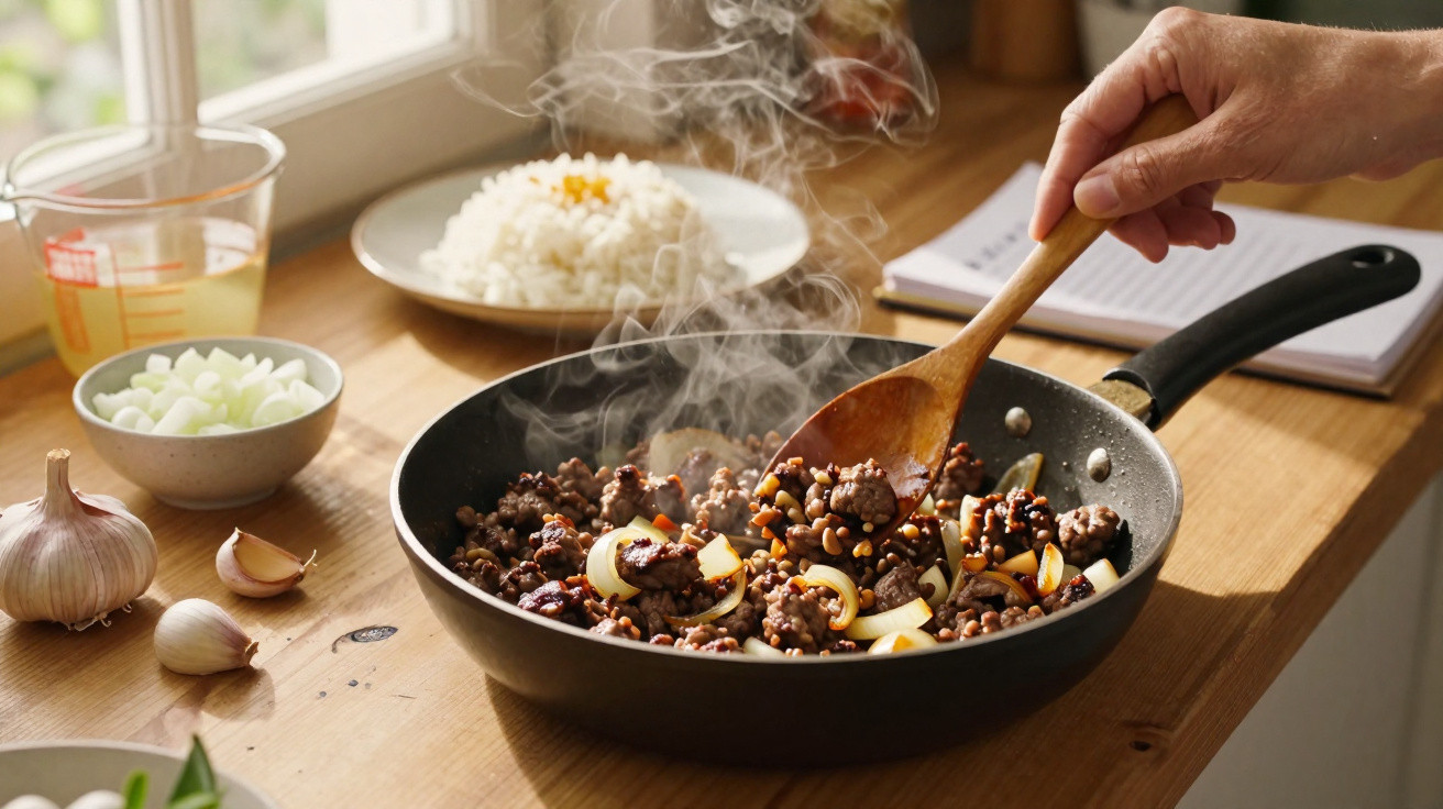 Mão a mexer carne picada e cebola numa frigideira fumegante numa cozinha iluminada junto a janela.