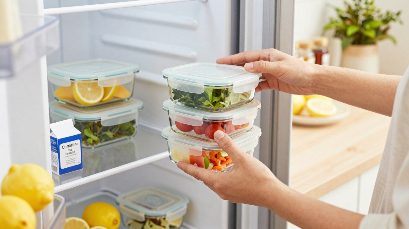 Mãos a arrumar recipientes com salada, tomate e legumes dentro de frigorífico branco numa cozinha moderna.