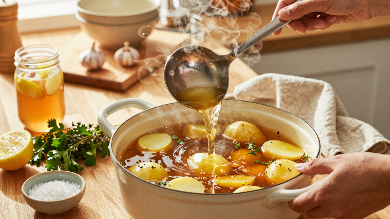 Pessoa a servir caldo quente com batatas numa panela, rodeada de temperos e ingredientes na bancada.