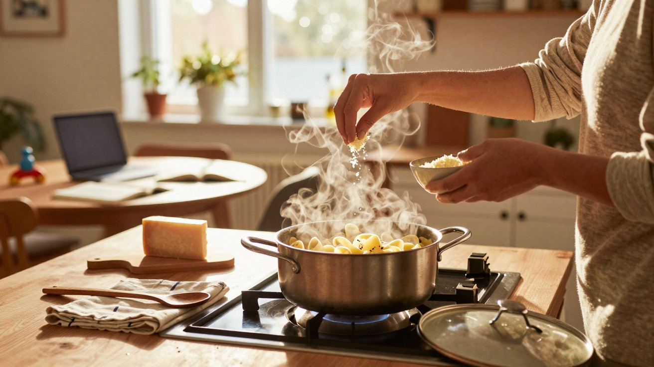 Pessoa a polvilhar queijo ralado em massa quente dentro de uma panela a ferver na cozinha.