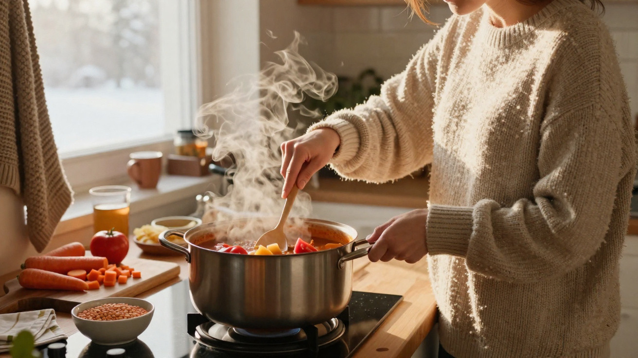 Pessoa a mexer uma panela com sopa quente na cozinha acolhedora e ensolarada.