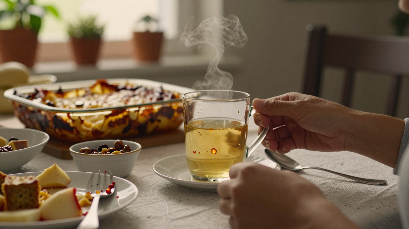 Mãos seguram chá quente com vapor numa mesa posta com prato de comida e travessa ao fundo.