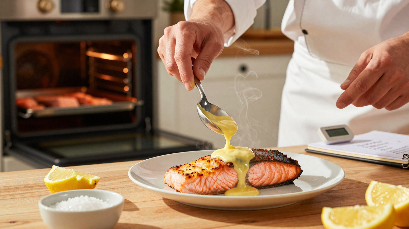 Chef a escorrer molho quente sobre salmão grelhado num prato branco numa cozinha com forno ao fundo.