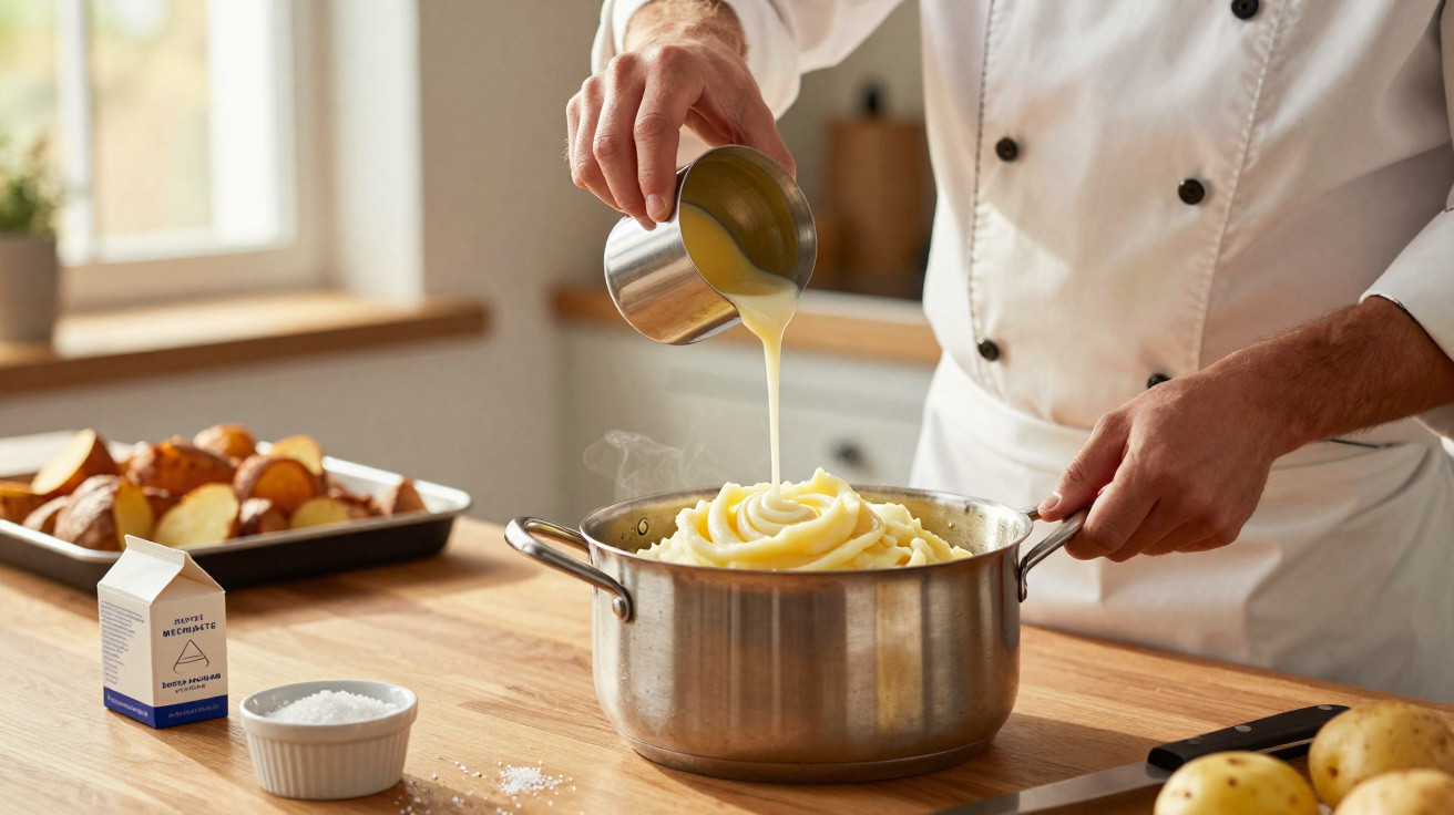 Chef a verter molho sobre puré de batata fumegante num tacho de aço inoxidável na cozinha.