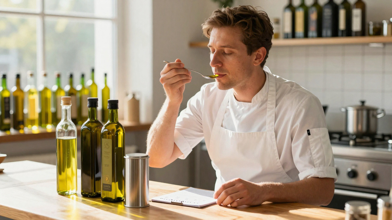 Chef a provar azeite numa cozinha moderna, com várias garrafas de azeite sobre a mesa.