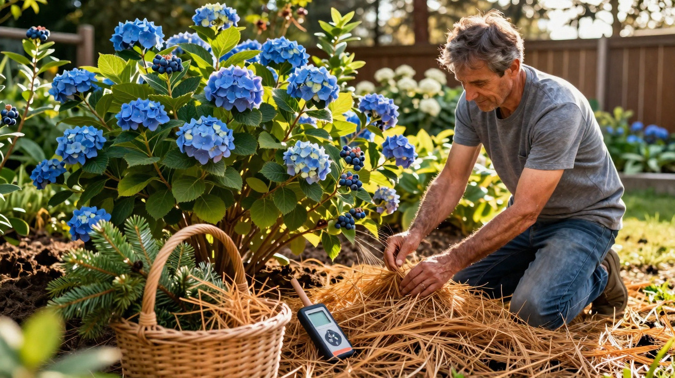Homem a cuidar de plantas e flores azuis num jardim, com cesta e dispositivos ao lado.