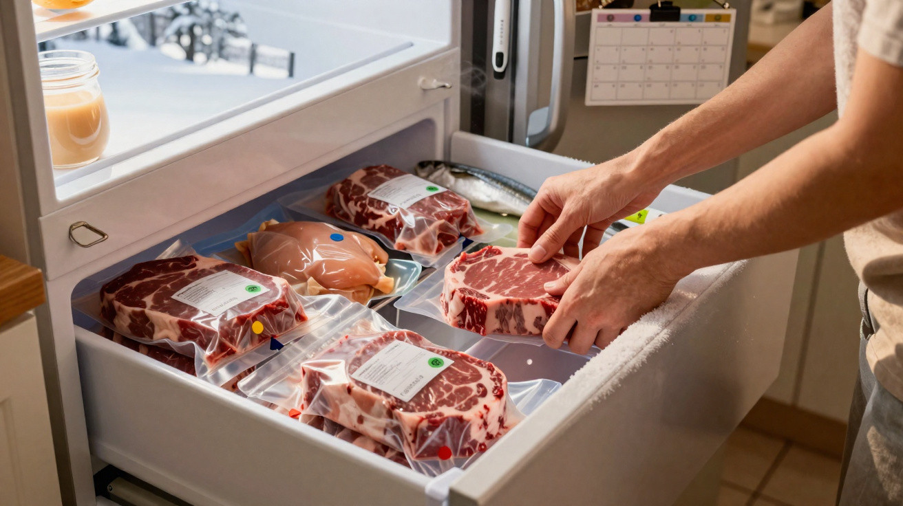 Congelador aberto com várias embalagens de carne e peixe, mãos a organizar um bife embalado.